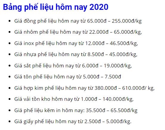 giá phế liệu hôm nay